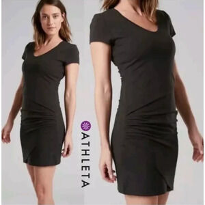Athleta Womens Central Dress Black Ruched Short Sleeve Stretch Pima Cotton Small